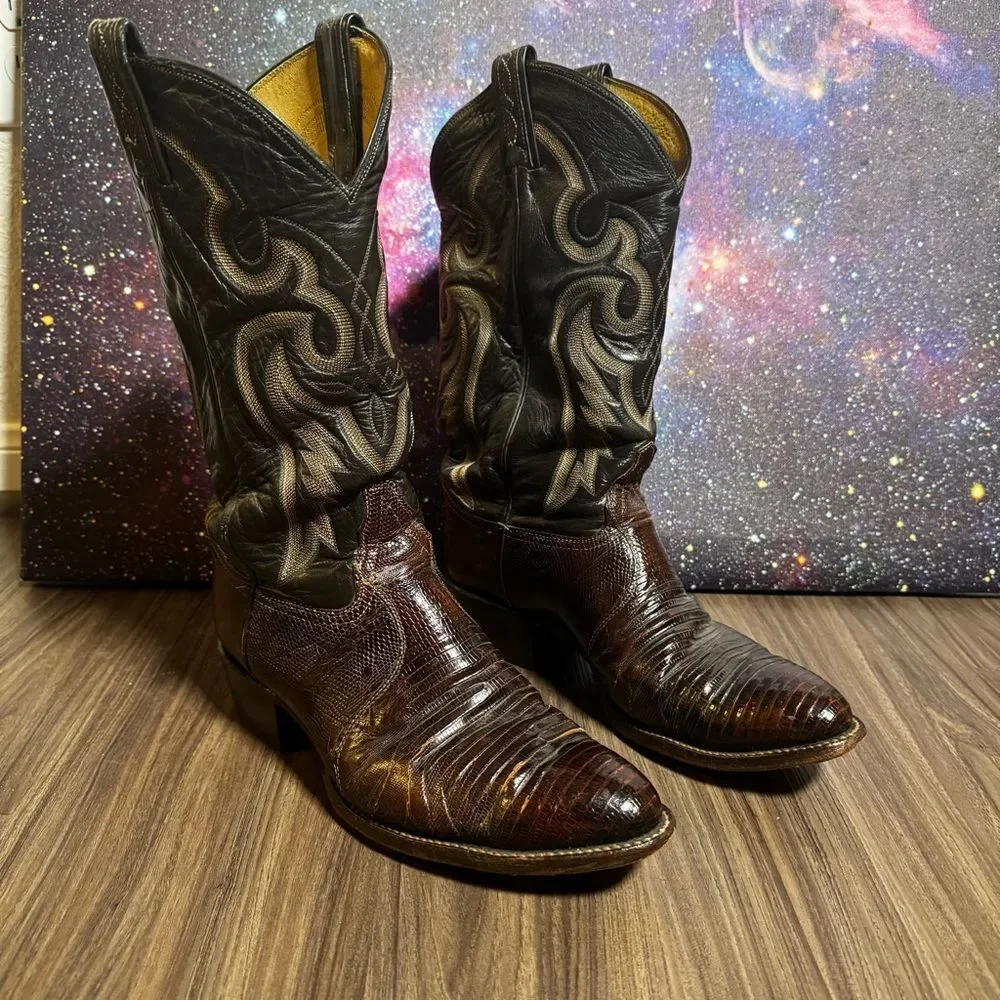 Tony Lama Brown Western Boots Teju Lizard Leather‎ Men's 9.5 D Made in USA 8536